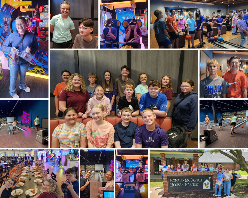 Photo collage of students celebrating (bowling and arcade games)