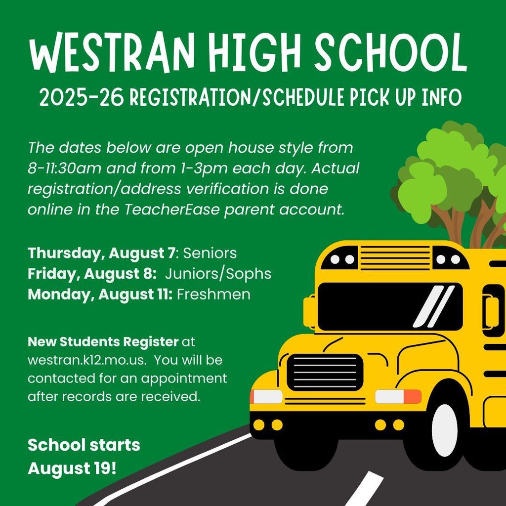 Reminder:  WHS registraton/schedule pick-up  is August 7th, 8th, and 11th.