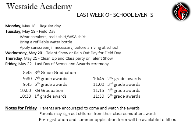 Last Week of School Events