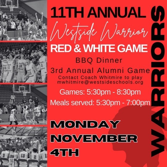 Red & White Game for Boys Basketball on Monday, November 4, 2024 starting at 5:30 and BBQ Dinner