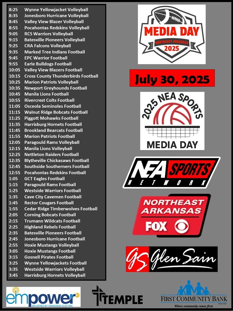 🏈🏐 It’s Media Day for the Warriors! 🏐🏈  Westside is proud to take part in the 2025 NEA Sports Media Day! Our coaches and athletes are ready to share their thoughts on the upcoming football and volleyball seasons.  Catch it live today on NEA Sports Network:  https://www.facebook.com/northeastarkansassports/ Football – 1:25 PM Volleyball – 3:35 PM  Let’s show our Warrior pride and cheer on these hardworking student-athletes as they represent Westside! ❤️🤍