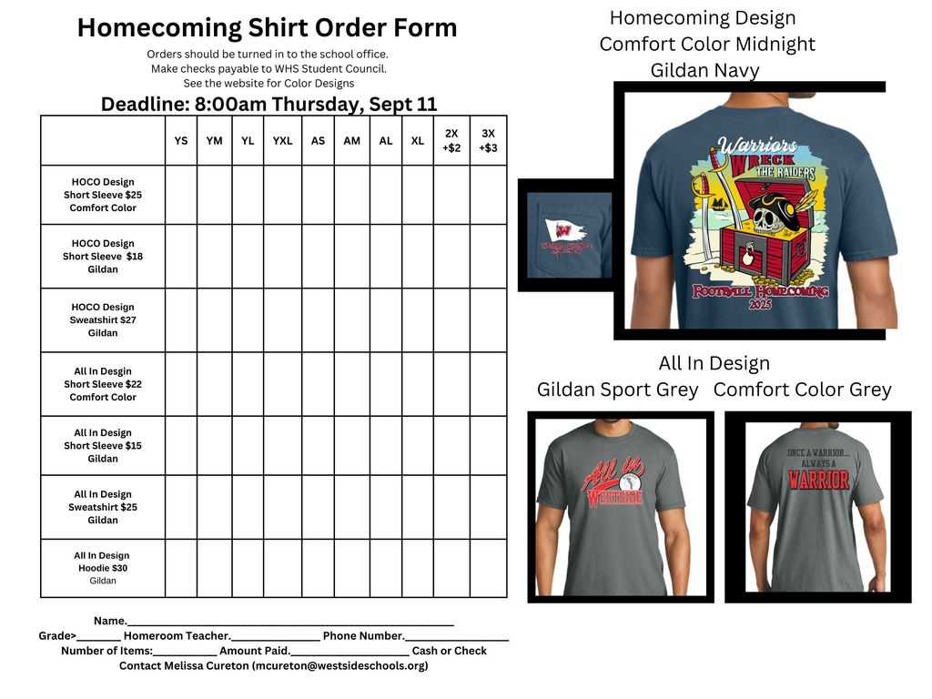 Homecoming tshir sales due by Sept 11