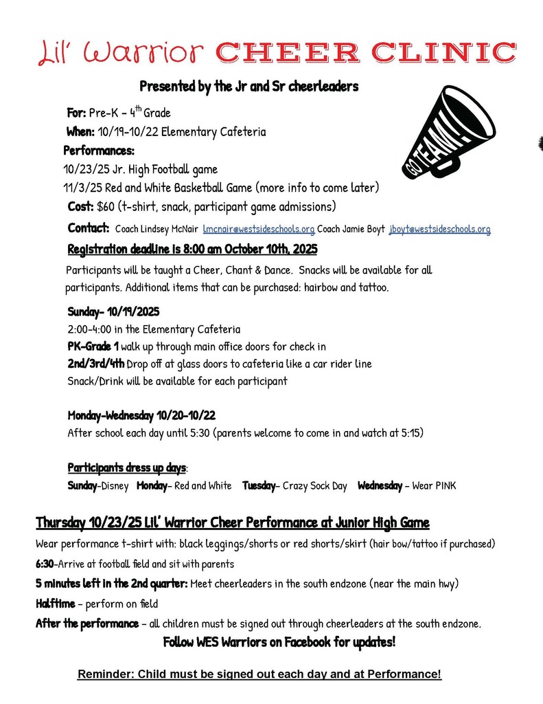 📣 Lil’ Warrior Cheer Clinic! 📣 Calling all future cheerleaders, PreK–4th grade! ❤️🤍 Join us for a fun-filled clinic where participants will learn a cheer, chant, and dance taught by our Junior and Senior Cheerleaders. Registration Deadline: October 10th at 8:00 AM Don’t miss this exciting opportunity to shine under the lights and show your Warrior spirit! 🙌🙌 Printable copy: https://5il.co/3q4tq