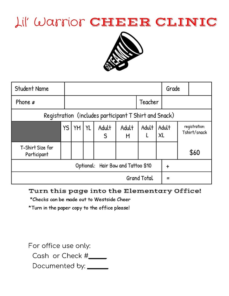 📣 Lil’ Warrior Cheer Clinic! 📣 Calling all future cheerleaders, PreK–4th grade! ❤️🤍 Join us for a fun-filled clinic where participants will learn a cheer, chant, and dance taught by our Junior and Senior Cheerleaders. Registration Deadline: October 10th at 8:00 AM Don’t miss this exciting opportunity to shine under the lights and show your Warrior spirit! 🙌🙌 Printable copy: https://5il.co/3q4tq