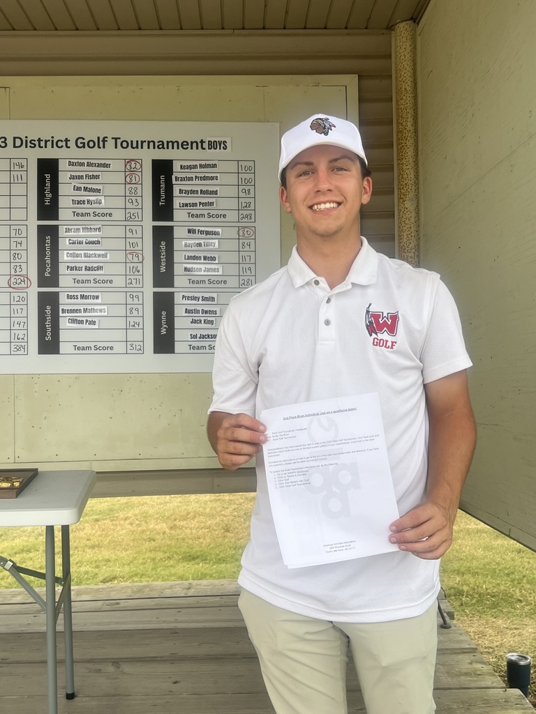 The Warrior boys’ and girls’ golf teams hit the course today at the District Tournament! We’re proud of all of their hard work this season. 🙌🙌❤️🤍  Congratulations to Senior Will Ferguson, who placed 4th overall and qualified for the State Tournament!    It’s a great day to be a Warrior!  We look forward to Will representing Westside at the State level!!!  