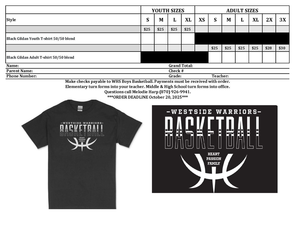 Attention All Warriors!   This year’s WHS Basketball t-shirt is more than just a shirt… it’s a great way to show your school spirit all season long!  (Part of the annual Red/White Game fundraiser for the boys basketball program.)  💥 Don’t miss out — order yours today! 💥 📅 Orders due: October 20 📍 Turn in forms to your student’s school office  Printable Copy:  https://5il.co/3qh1t