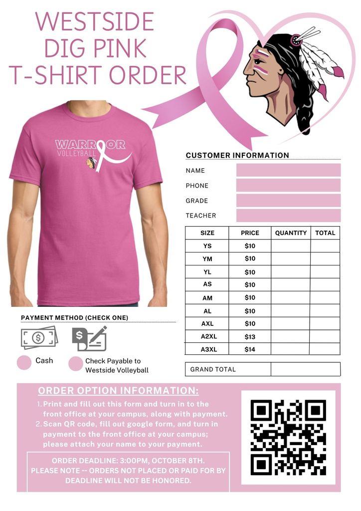 💗🏐 Dig Pink with WHS Volleyball! 🏐💗  The WHS Volleyball Team is proud to host our Annual Dig Pink Match on Thursday, October 16. Show your support by ordering a Dig Pink T-shirt and help us fill the Warrior Dome with pink! 💕  📅 Order Deadline: Tuesday, October 8 at 3:00 PM 💵 Payment: Must be received by the deadline