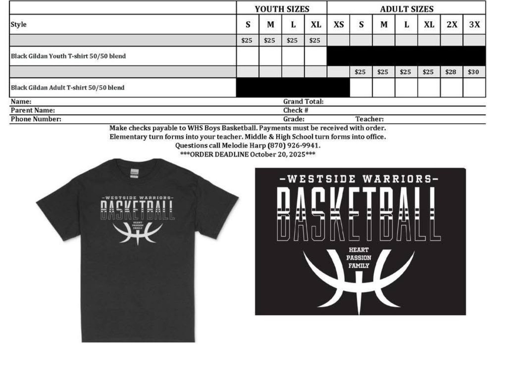 🎉🏀 Mark Your Calendars! 🏀🎉  Get ready for the 12th Annual WHS Boys Basketball Red & White Game and the 4th Annual Alumni Game — plus a delicious BBQ Dinner and more!  Monday, November 3rd Games from 5:30 – 8:30 PM WHS Gymnasium  Come out and show your Warrior pride! This night will feature: Boys Basketball (Grades 7–12)  Alumni Game Lil Dribblers Performance Lil Cheer Performance Jr. & Sr. High Cheerleaders  🍽️ BBQ Dinner & Tickets: Game Only – $5 Meal + Game Combo (Presale) – $15 Meal + Game Combo (Night of Event) – $17 Meal Only – $12 NO PASSES WILL BE ACCEPTED  Don’t Forget! T-Shirt Orders are due Monday, October 20th! Grab yours early and wear it proudly at the game!  🏀 Alumni Players: Contact Coach Sheffield at gsheffield@westsideschools.org  to sign up for the Alumni Game.  Come hungry, loud, and full of Warrior spirit — this is a night you won’t wa