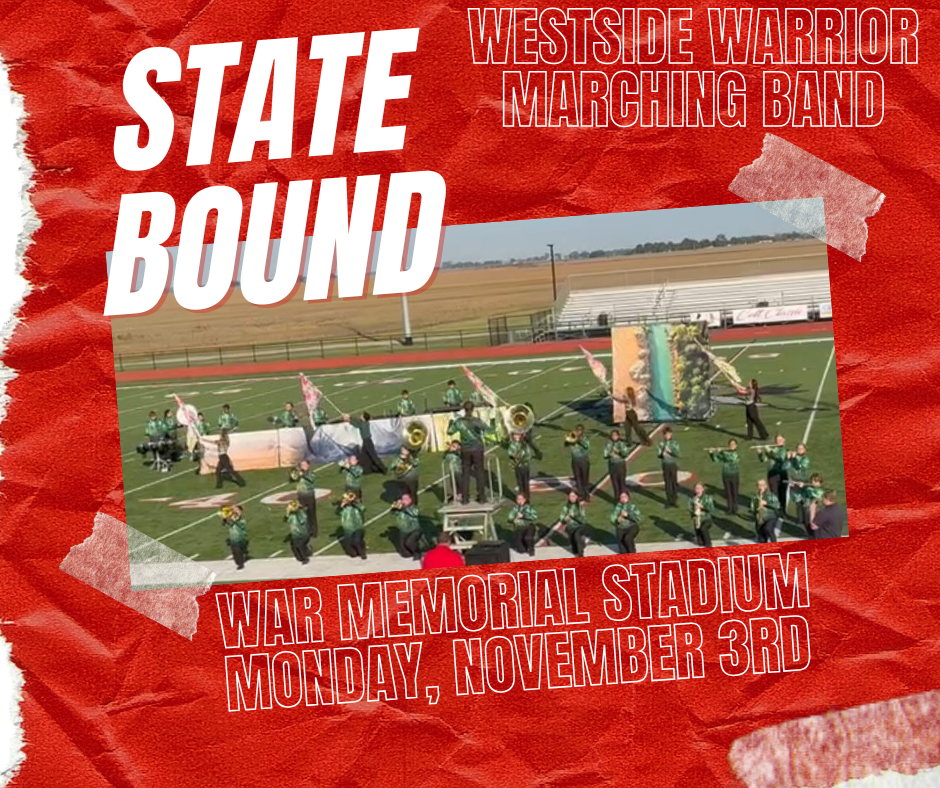 Congratulations to the Westside Warrior Marching Band!  The band earned an Excellent Rating at the Region Marching Assessment and has qualified for the State Marching Contest! 👏  They’ll perform their 2025 show, “The Giver of Life,” at War Memorial Stadium in Little Rock on Monday, November 3rd at 12:00 PM.