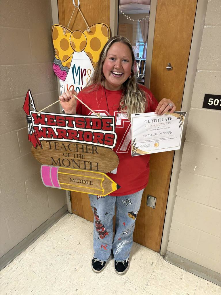 Middle School Employees of the Month  for October  Licensed-Savannah Berry Classified-Ashtin Engle (not pictured) Thank you for all you do!!!