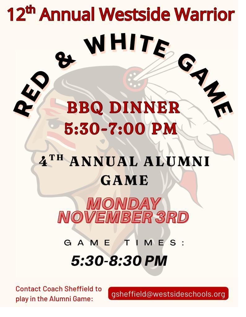 Reminder: WHS Boys Basketball 12th Annual Red & White Game & Alumni Game is Monday, November 3! Games: 5:30–8:30 PM BBQ Meal: 5:30–7:00 PM  Please note: NO PASSES ACCEPTED. Cash only. Come out, enjoy a great night of Warrior basketball and support our program!  ❤️🤍