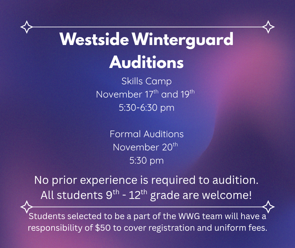 Calling all future Westside Winterguard members! ❄️✨ Auditions will be held on November 17th and 19th from 5:30–6:30 PM in the Multipurpose Gym. If you love performing, teamwork, and school spirit, come be part of this amazing group that represents the Warriors all season long! ❤️🤍 No experience necessary — just bring your energy and enthusiasm!