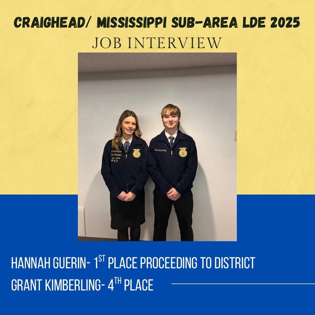 Please join us in celebrating the outstanding performance of our Westside FFA LDE competitors at the Craighead/Mississippi Sub-Area LDE Contest held on Tuesday. Our students represented Westside with pride, and we are thrilled to share that we have competitors advancing to district in every single event we entered! Their dedication, preparation, and hard work truly showed, and we could not be more proud of their accomplishments. All contest results can be found in the attached photos. Students advancing to district next month include: Creed Speaking • Alayna Ford Job Interview • Hannah Guerin Discussion Meet • Jaxson Hines Parliamentary Procedures Team • Harlynn Robertson (Chair) • Addison Denton • Hannah Guerin • Grant Kimberling • Cali Kirby • Jaxson Hines