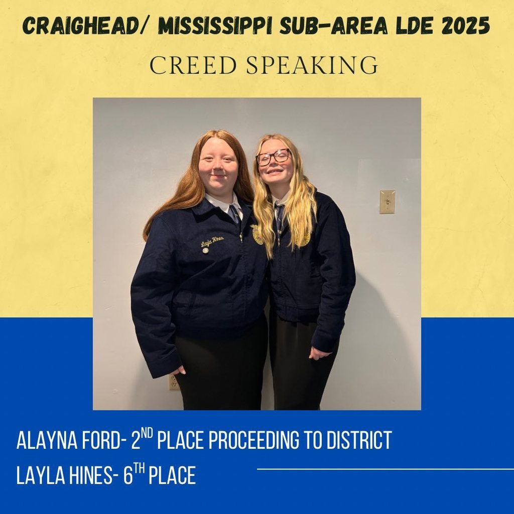 Please join us in celebrating the outstanding performance of our Westside FFA LDE competitors at the Craighead/Mississippi Sub-Area LDE Contest held on Tuesday. Our students represented Westside with pride, and we are thrilled to share that we have competitors advancing to district in every single event we entered! Their dedication, preparation, and hard work truly showed, and we could not be more proud of their accomplishments. All contest results can be found in the attached photos. Students advancing to district next month include: Creed Speaking • Alayna Ford Job Interview • Hannah Guerin Discussion Meet • Jaxson Hines Parliamentary Procedures Team • Harlynn Robertson (Chair) • Addison Denton • Hannah Guerin • Grant Kimberling • Cali Kirby • Jaxson Hines