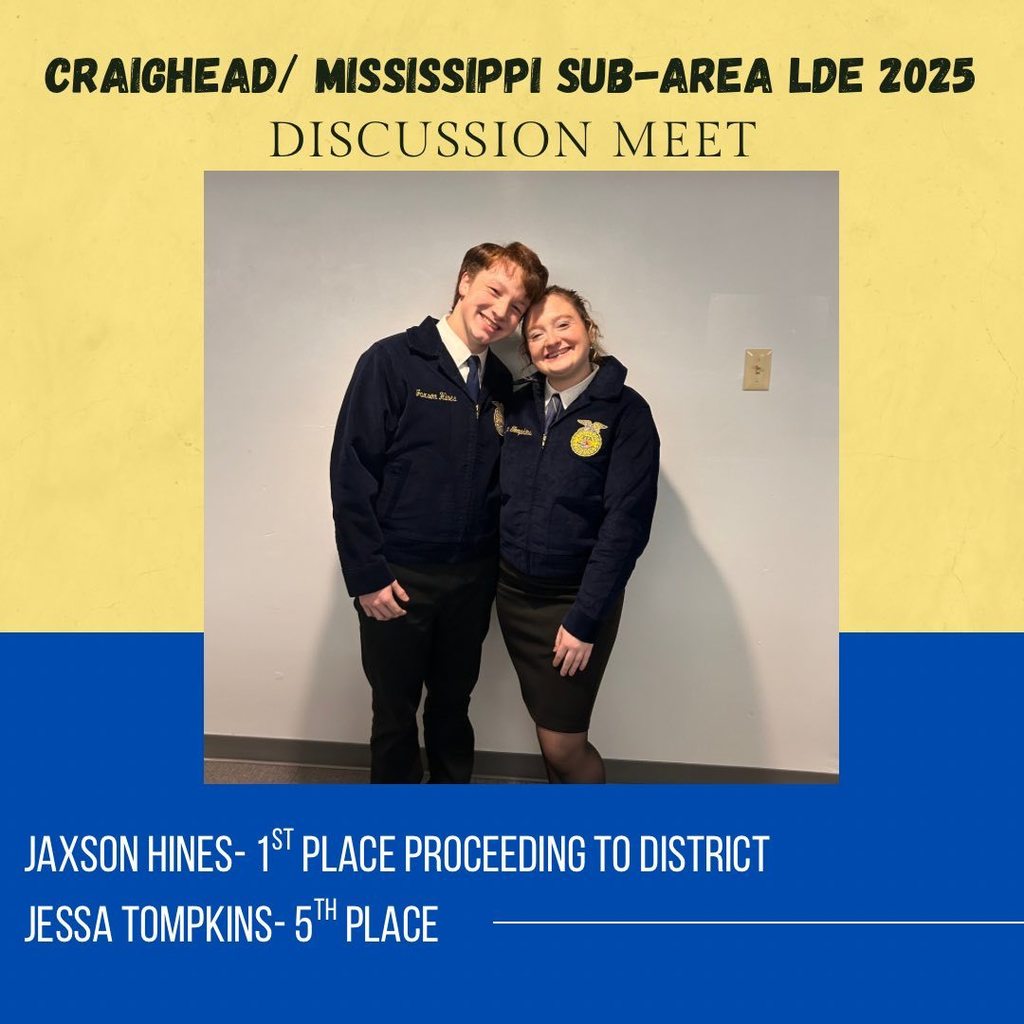 Please join us in celebrating the outstanding performance of our Westside FFA LDE competitors at the Craighead/Mississippi Sub-Area LDE Contest held on Tuesday. Our students represented Westside with pride, and we are thrilled to share that we have competitors advancing to district in every single event we entered! Their dedication, preparation, and hard work truly showed, and we could not be more proud of their accomplishments. All contest results can be found in the attached photos. Students advancing to district next month include: Creed Speaking • Alayna Ford Job Interview • Hannah Guerin Discussion Meet • Jaxson Hines Parliamentary Procedures Team • Harlynn Robertson (Chair) • Addison Denton • Hannah Guerin • Grant Kimberling • Cali Kirby • Jaxson Hines