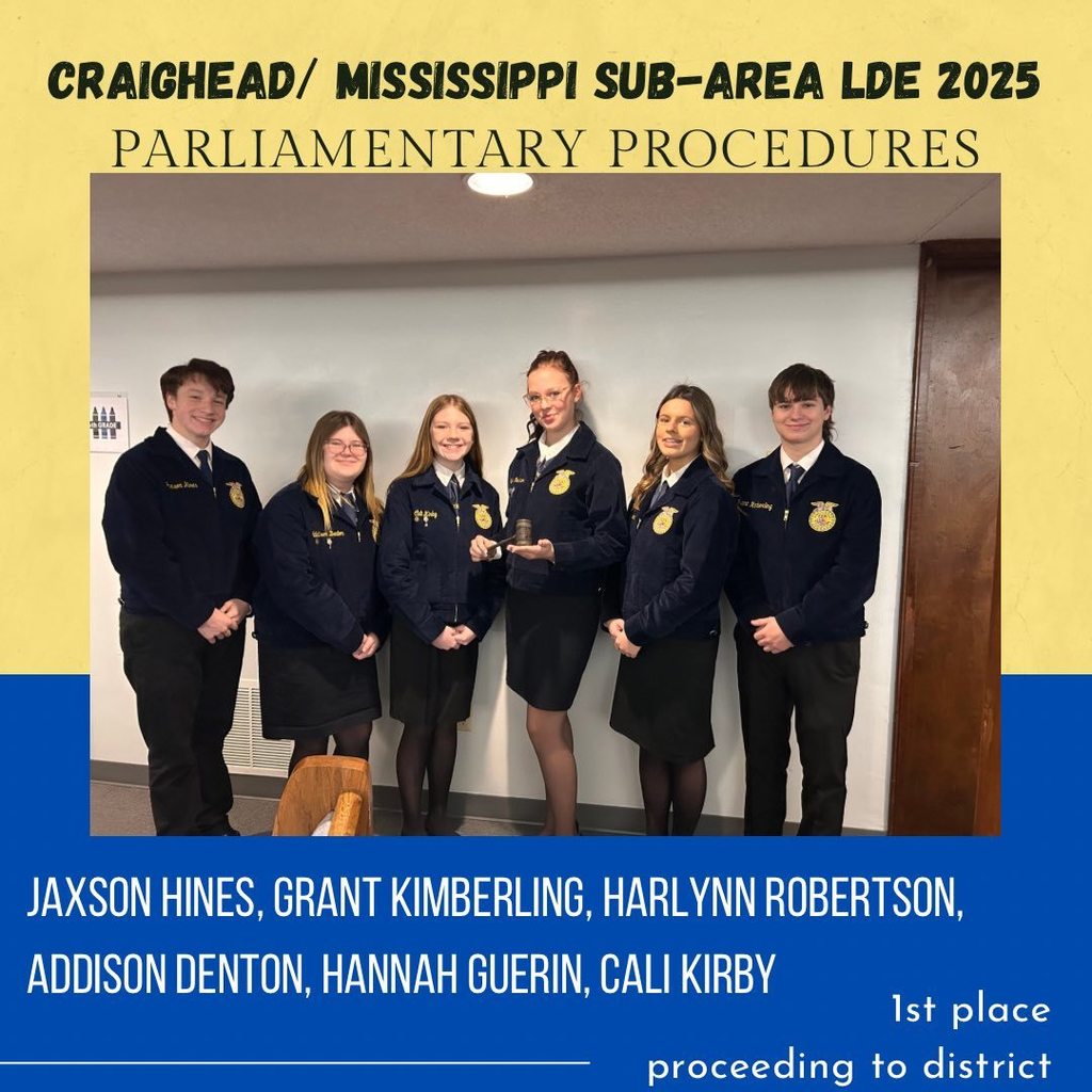 Please join us in celebrating the outstanding performance of our Westside FFA LDE competitors at the Craighead/Mississippi Sub-Area LDE Contest held on Tuesday. Our students represented Westside with pride, and we are thrilled to share that we have competitors advancing to district in every single event we entered! Their dedication, preparation, and hard work truly showed, and we could not be more proud of their accomplishments. All contest results can be found in the attached photos. Students advancing to district next month include: Creed Speaking • Alayna Ford Job Interview • Hannah Guerin Discussion Meet • Jaxson Hines Parliamentary Procedures Team • Harlynn Robertson (Chair) • Addison Denton • Hannah Guerin • Grant Kimberling • Cali Kirby • Jaxson Hines