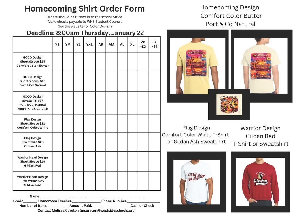 Basketball Homecoming T-shirts are now available to order!  Orders are due Thursday, January 22nd! Shirt design options and the order form are posted below!