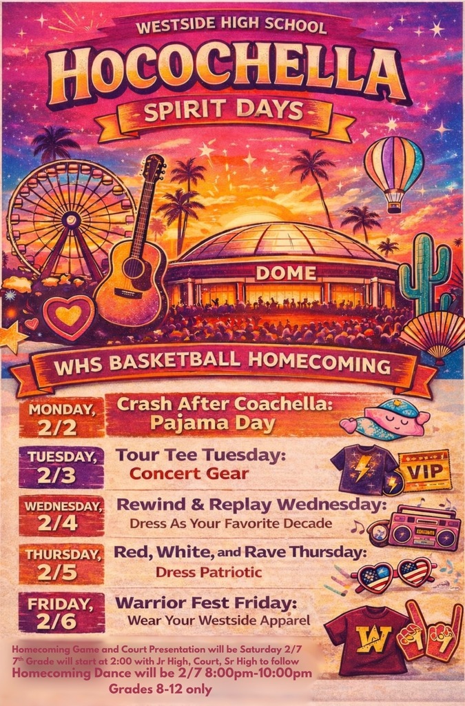 WHS Basketball Homecoming Rescheduled!   Due to recent weather-related changes, WHS Basketball Homecoming Games and the Court Presentation has been rescheduled for Saturday, February 7th with games starting at 2pm and court presentation before the senior boys game.   We will kick off the celebration on Monday with our updated Homecoming Spirit Week! (Spirit Day flyer attached with dress-up themes.)  Let’s come together and show our Warrior Spirit all week long!  ❤️🤍