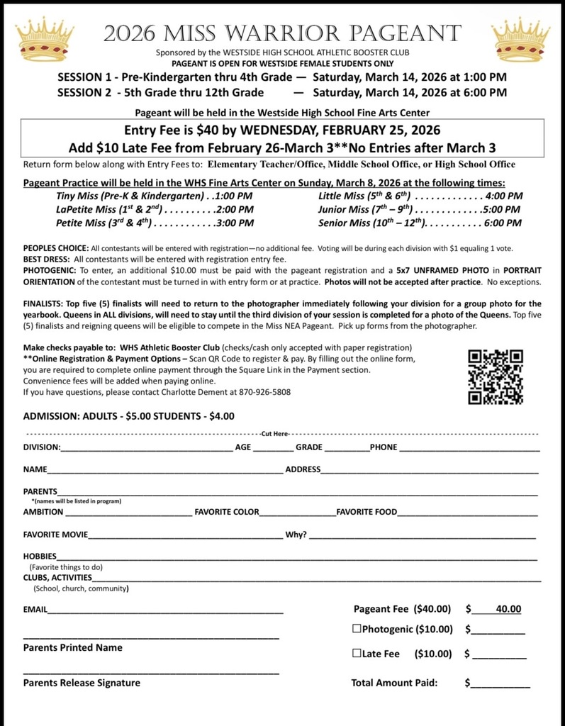 👑✨ 2026 Miss Warrior Pageant ✨👑  We are excited to announce the 2026 Miss Warrior Pageant for students in PreK–12th grade! 🎉  If your child would like to participate, be sure to submit your entry by February 25th.  📌 How to Register: • Return registration forms to your child’s school office OR • Register online using the QR Code provided  This wonderful event is proudly sponsored by the WHS Athletic Booster Club.