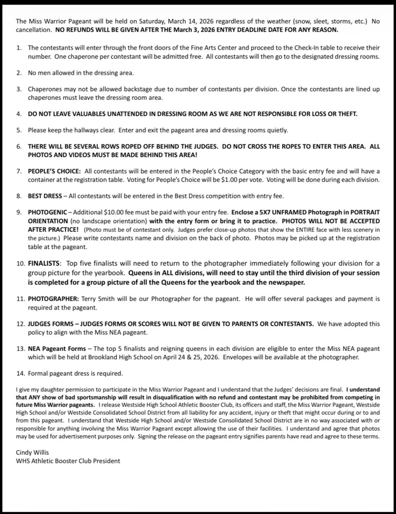 👑✨ 2026 Miss Warrior Pageant ✨👑  We are excited to announce the 2026 Miss Warrior Pageant for students in PreK–12th grade! 🎉  If your child would like to participate, be sure to submit your entry by February 25th.  📌 How to Register: • Return registration forms to your child’s school office OR • Register online using the QR Code provided  This wonderful event is proudly sponsored by the WHS Athletic Booster Club.