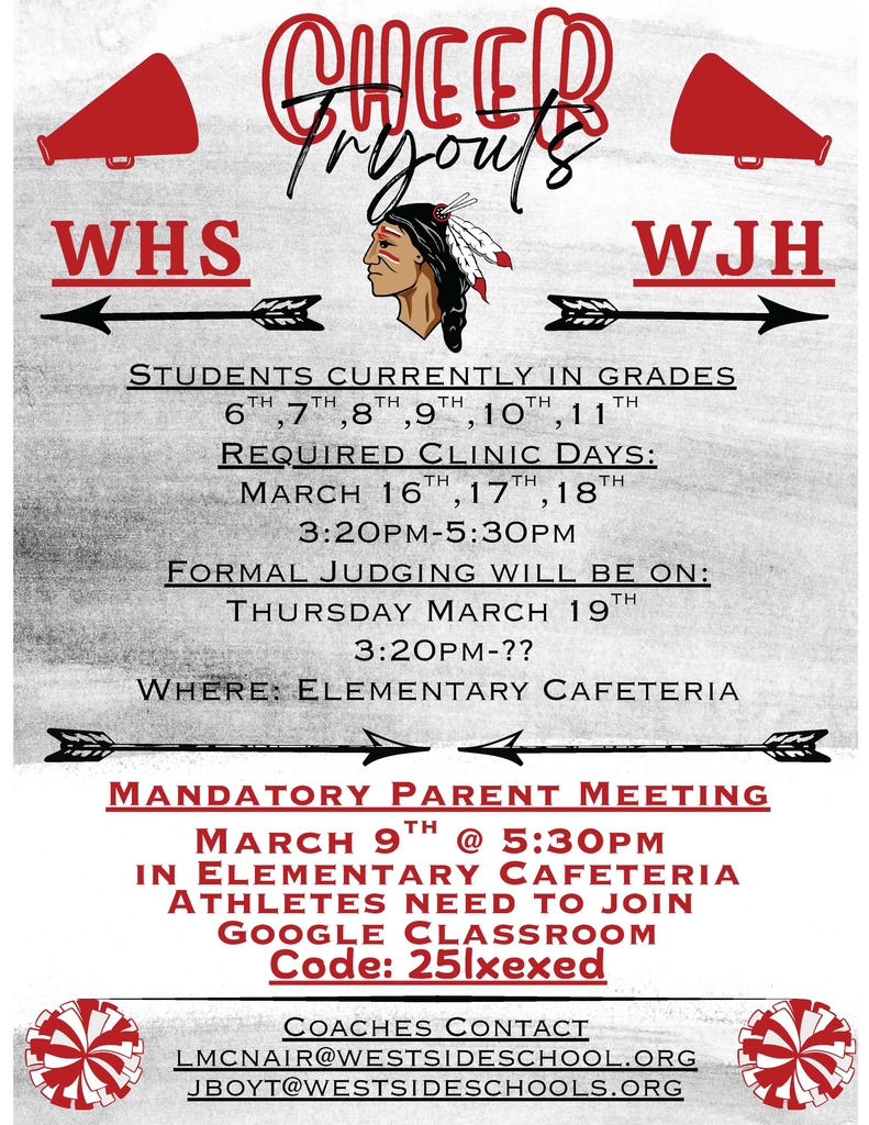 WES Cheer Tryouts Are Coming Up! 📣❤️🤍 Cheer tryouts are open to students currently in grades 6–11 who are interested in being part of an exciting and spirited program! 📌 Mandatory Parent Meeting: March 9 at 5:30 PM (WES Cafeteria) 📌 Required Clinic Days: March 16–18 📌 Formal Judging: March 19 Please see the attached flyer for complete details, times, and expectations.