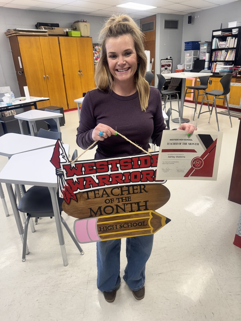Westside High School Employees of the Month of February are:  Certified - Ashley Watkins Classified - Lisa Rogers (not pictured)  Congratulations, Warriors!  ❤️🤍