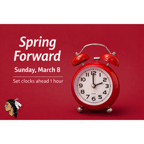 It's time to spring your clocks forward, Warriors!  Remember to set your clocks forward one hour before going to bed Saturday night.  Enjoy the extra daylight in the evenings!  ❤️🤍