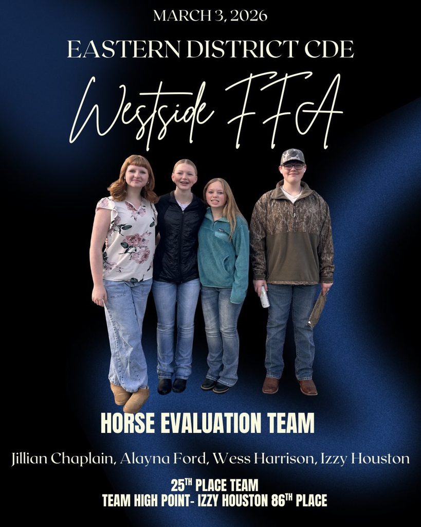 Twenty-seven Westside FFA members recently competed in the 2026 Arkansas FFA Eastern District CDE Contest hosted by Arkansas State University. Congratulations to our Livestock Evaluation team for placing 2nd and our Milk Quality & Products team for placing 5th. Both teams have qualified for the State Contest in April. While CDE season has come to an end for our other teams, we commend all of our members for their hard work and dedication throughout the spring semester.
