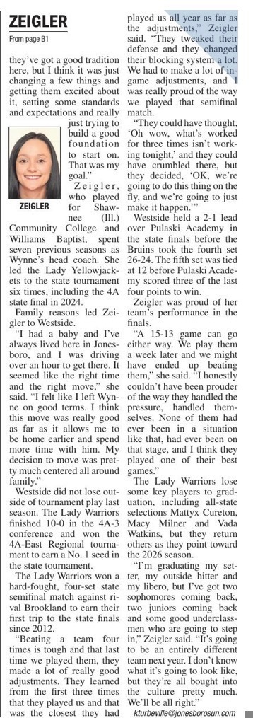 Westside volleyball was recently featured in The Jonesboro Sun’s “Best Under the Sun” sports section! 🏐  Senior Mattyx Cureton was named the Best Under the Sun Player of the Year after an outstanding season in which she recorded 1,087 assists, one of the highest single-season totals in the Arkansas Activities Association record book. Cureton also contributed 70 service aces, 184 digs, and 50 kills, helping lead the Lady Warriors to a memorable season.  First-year head coach Codie Zeigler helped guide the Lady Warriors to conference and regional championships, finishing the season with an impressive 28–5–2 record and a trip to the 4A State Championship match.  The Lady Warriors’ strong leadership, teamwork, and determination made this season one to remember. Congratulations to Mattyx Cureton, Coach Zeigler, and the entire Lady Warriors volleyball team!  📖 Check out the full article below to read more about their incredible season.