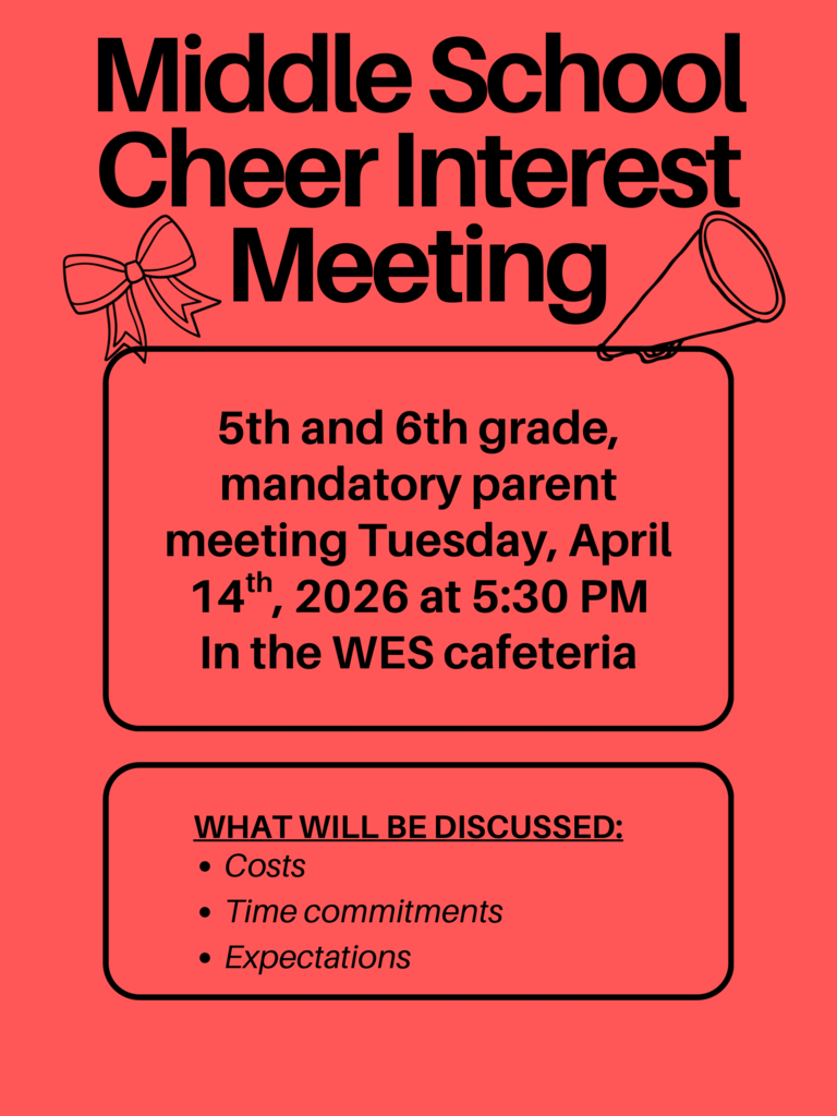 Attention current 4th & 5th graders! 📣❤️🤍 Interested in cheering at the middle school level? There will be a Middle School Cheer Interest Meeting coming up! Please see the flyer for all the details and information. We hope to see you there!