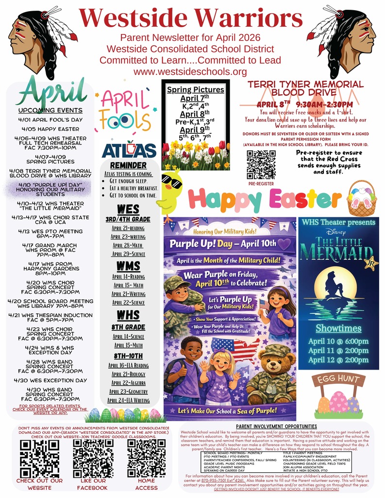 The April 2026 Parent Newsletter is here!   Be sure to check it out for important updates, upcoming events, and everything happening across Westside Schools this month. We encourage all families to stay informed and connected! ❤️🤍