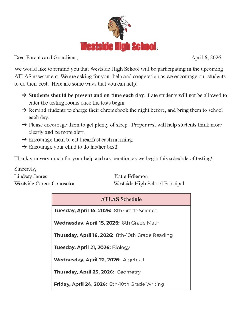 WHS students will begin ATLAS testing soon!  Tuesday, April 14th - Friday, April 24th  Please help your student be prepared by making sure they arrive on time, bring a charged Chromebook, get plenty of rest, and eat breakfast.  Thank you for your support as our students do their best!  https://5il.co/3u821