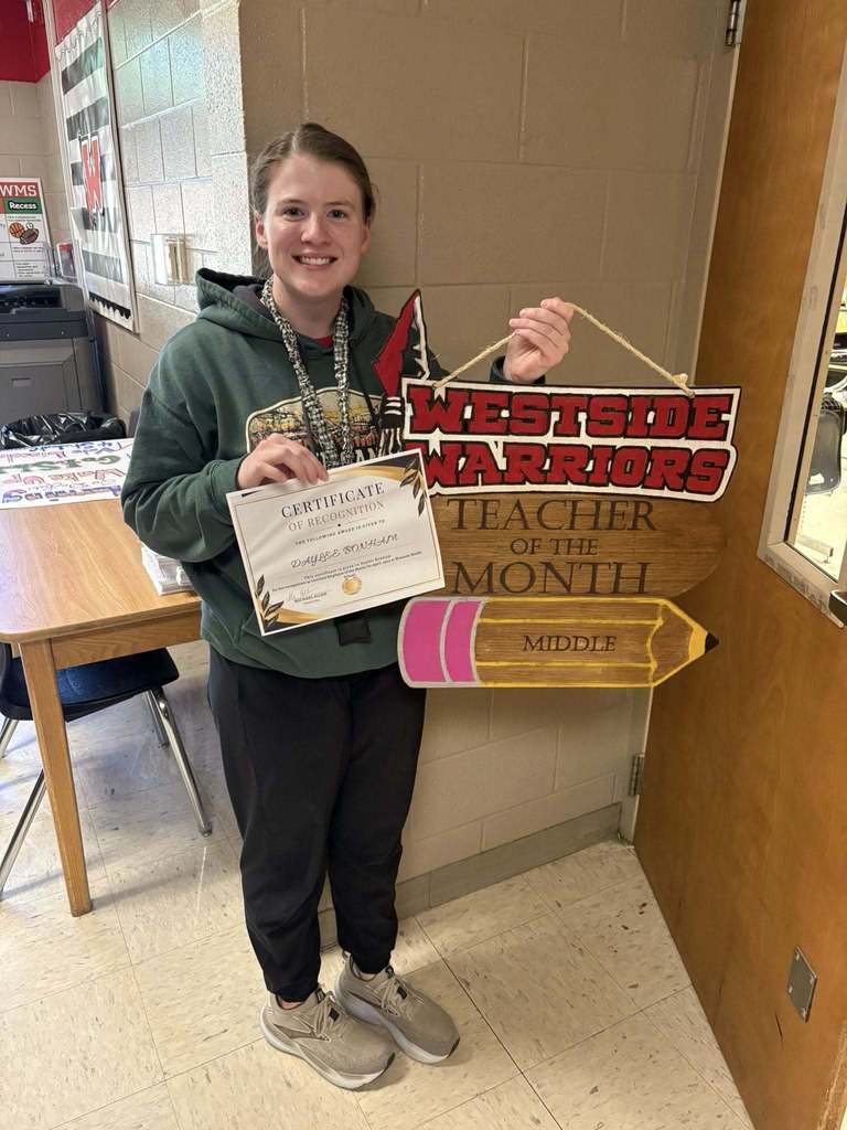 Westside Middle School employees of the month for April Licensed-Daylee Bonham Classified-Carmen Davidson Thank you for all you do for our students!!