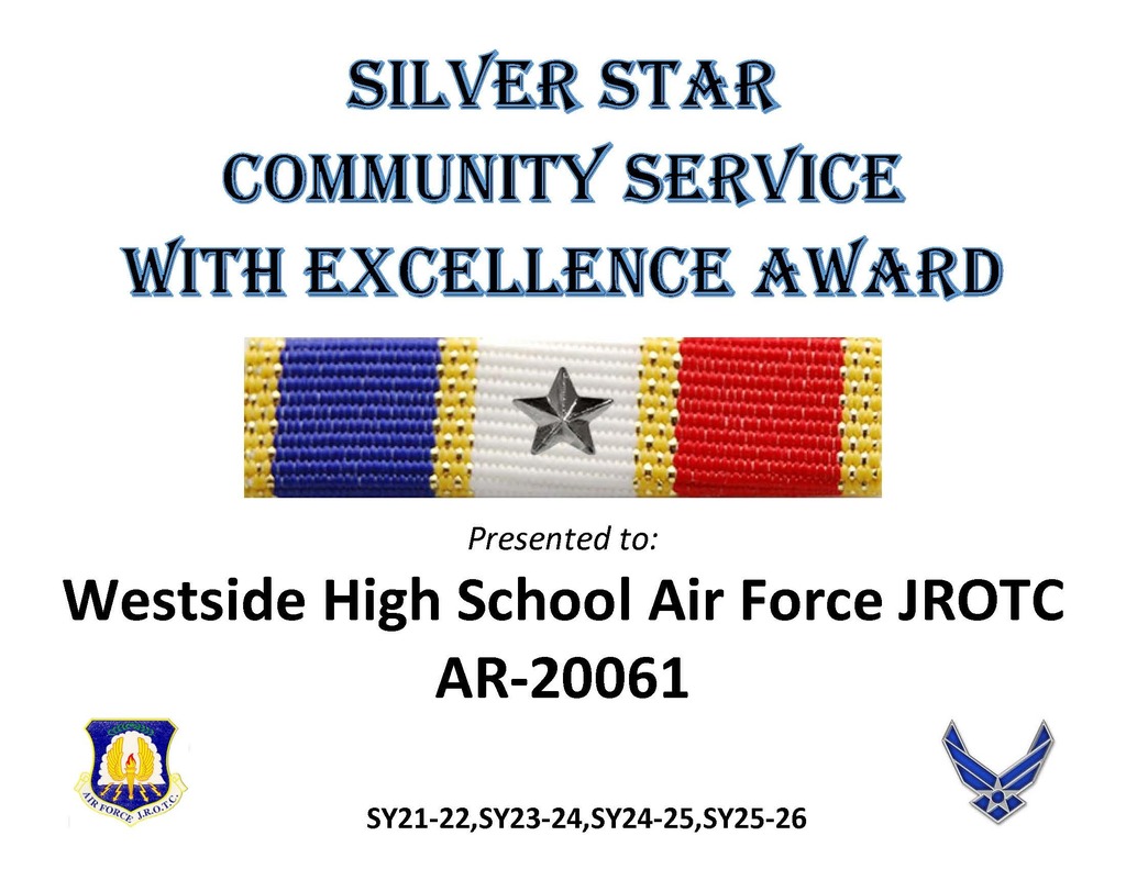 Outstanding Achievement for Westside AFJROTC!   It is with great pride that we announce the Westside AR-20061 AFJROTC has been awarded the “Distinguished Unit Award with Merit” and the “Silver Star Community Service with Excellence Award” for the 2025–2026 school year!  Our cadets worked incredibly hard to earn these prestigious honors, achieving an outstanding 96.5 Unit Inspection score and completing more than 2,800 community service hours—an average of nearly 50 service hours per cadet.  Only 40 units out of more than 800 AFJROTC programs nationwide received this recognition.  Congratulations to our cadets and instructors for representing Westside with excellence, leadership, and service!