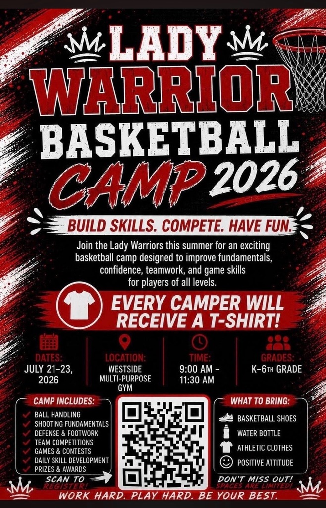 🏀 Calling all future Lady Warriors! Whether you're just learning the game or looking to sharpen your skills, the Lady Warrior Basketball Camp is the perfect place to learn, grow, compete, and have fun this summer! Join our Lady Warriors for three days of skill development, teamwork, contests, and confidence-building. We can't wait to see the next generation of Lady Warriors on the court! Register today using the QR code below. ❤️🤍