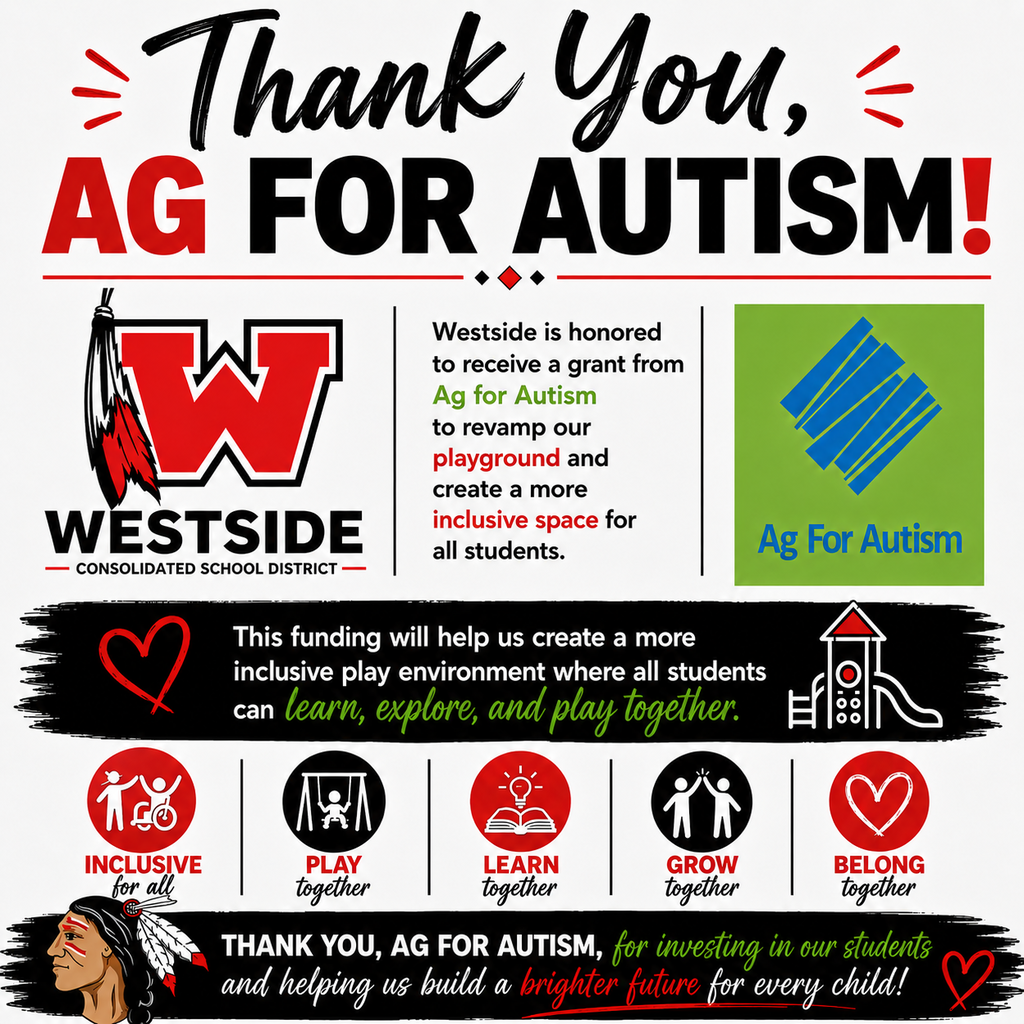 Westside Elementary is honored to receive a $3,500 grant from Ag for Autism to support improvements to our playground.  This funding will help us create a more inclusive play environment where all students can learn, explore, and play together.  We are incredibly grateful to Ag for Autism for investing in our students and helping us build opportunities for every child to thrive!   #AgForAutism 