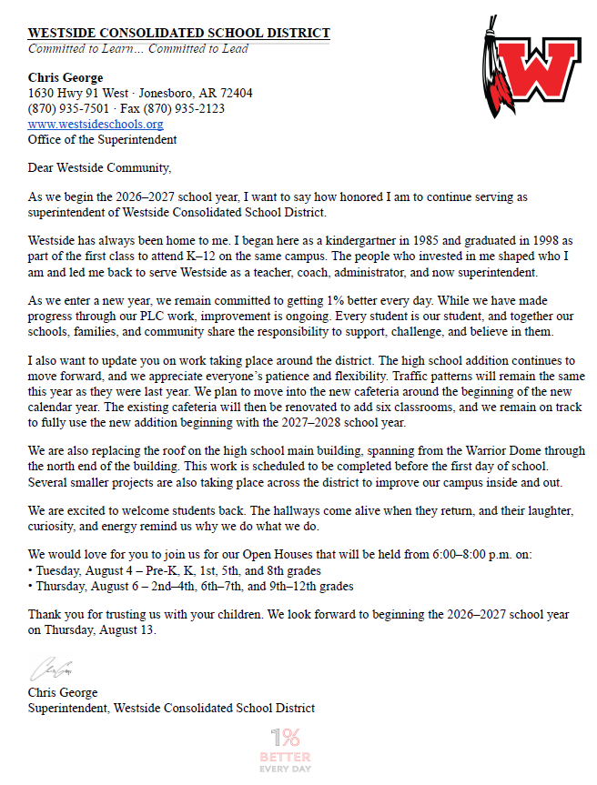 Superintendent's Welcome Message for 2026-2027
