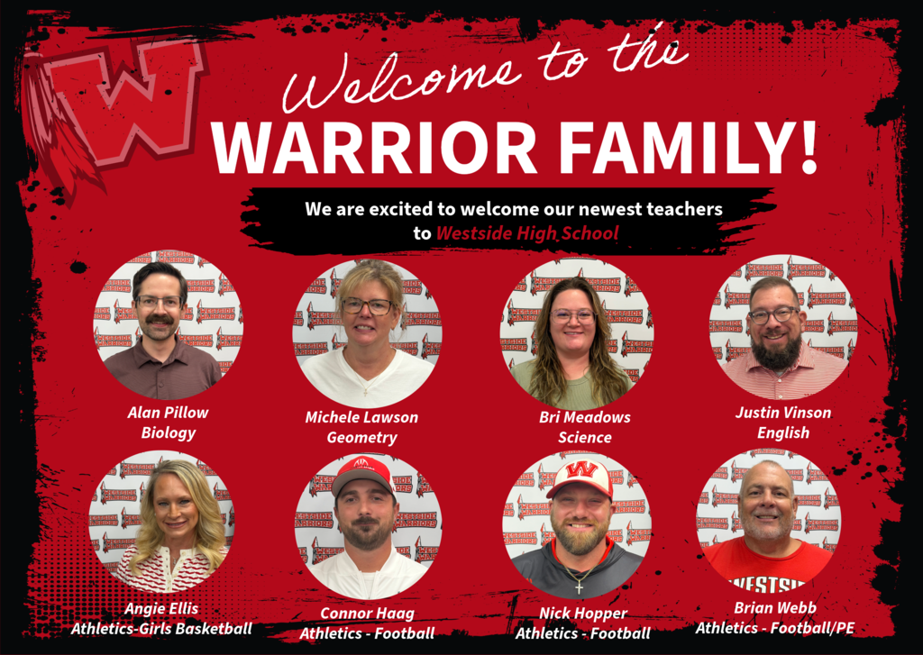 Welcome Our Newest Warriors! ❤️🤍 The Westside School District is excited to welcome our newest teachers for the 2026–2027 school year! These outstanding educators are joining campuses across the district, and we couldn't be happier to have them as part of the Warrior Family. Take a moment to meet the newest members of our team by browsing the graphics below. We know they will make a positive impact in the lives of our students and school community. Please join us in giving them a warm Warrior welcome!