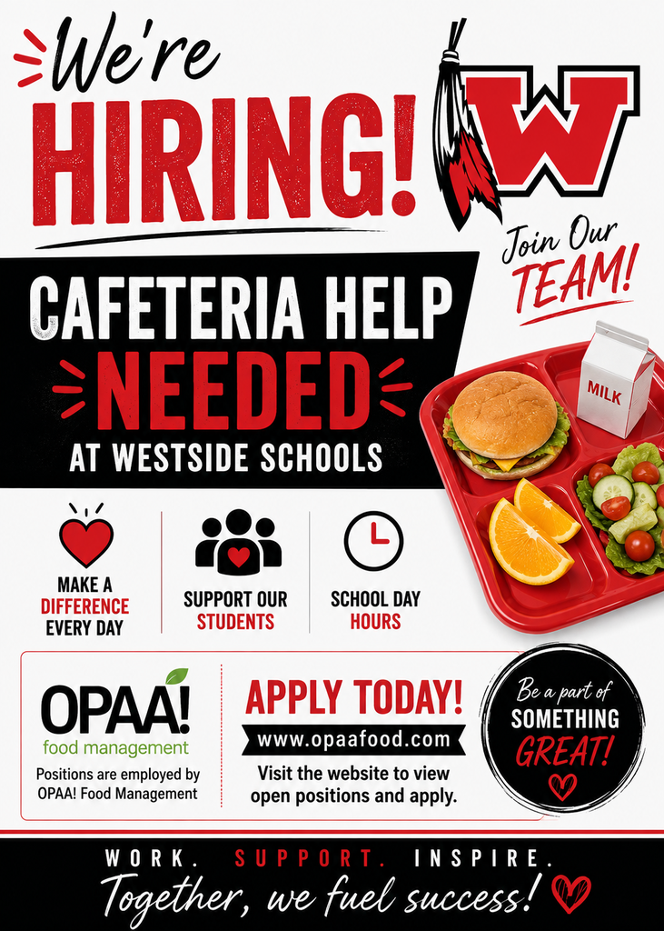 Westside Schools is hiring for cafeteria positions! Join the team that helps fuel our Warriors each day. ❤️🤍  Positions are employed through OPAA! Food Management. Apply online at https://www.opaafood.com/