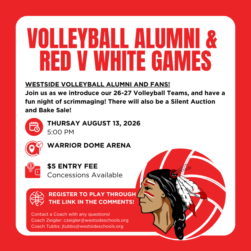 The Warrior Dome is the place to be on Thursday, August 13! 🙌🙌 Join us Thursday, August 13, at the Warrior Dome for an exciting evening of volleyball and fun! Red vs. White Games Volleyball Alumni Game Starting at 5:00 p.m. Warrior Dome Come cheer on our Lady Warriors as they take the court, reconnect with Warrior Volleyball alumni, and support the program by bidding on silent auction items and picking up some delicious treats from the bake sale! Let's fill the Dome with red and black, loud cheers, and Warrior pride as we kick off another exciting volleyball season! Bring your family. Bring your friends. Bring your Warrior spirit! We'll see you there! ❤️🤍🏐