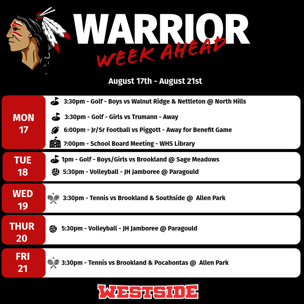 Take a look at what’s happening across the district next week, and come out and support our Warriors! 🙌❤️🤍