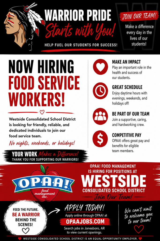 OPAA! Food Management is hiring Food Service Workers for Westside Consolidated School District. If you—or someone you know—would be a great fit, we encourage you to apply! ❤️🤍