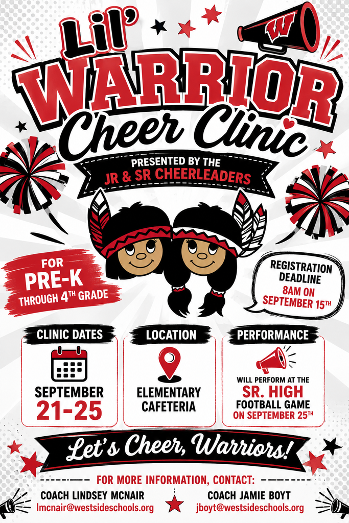 The Lil Warrior Cheer Clinic is coming up September 21–25 for students in Pre-K through 4th grade! Be on the lookout for more information coming home in student folders this week! We can’t wait to see our Lil Warriors showing their Warrior spirit! ❤️🤍