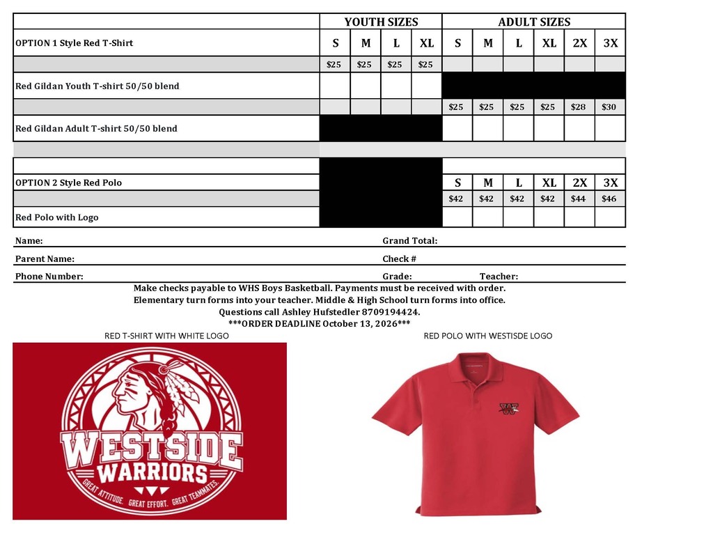 🏀❤️🤍 It’s almost Red & White time, Warrior Nation! The 13th Annual Westside Warriors Red & White Games are coming up, along with the 5th Annual Alumni Game and Catfish Dinner! Check out the flyer below for all the details. And don’t just come out — WEAR YOUR RED! ❤️ Red & White T-shirts and polos are available to order now, so grab yours and show your Warrior pride! 📣 T-shirt and polo orders are due October 13! Order forms and payment may be returned to your elementary teacher or to the middle/high school office. Get your red ready, Warriors! ❤️🤍🏀