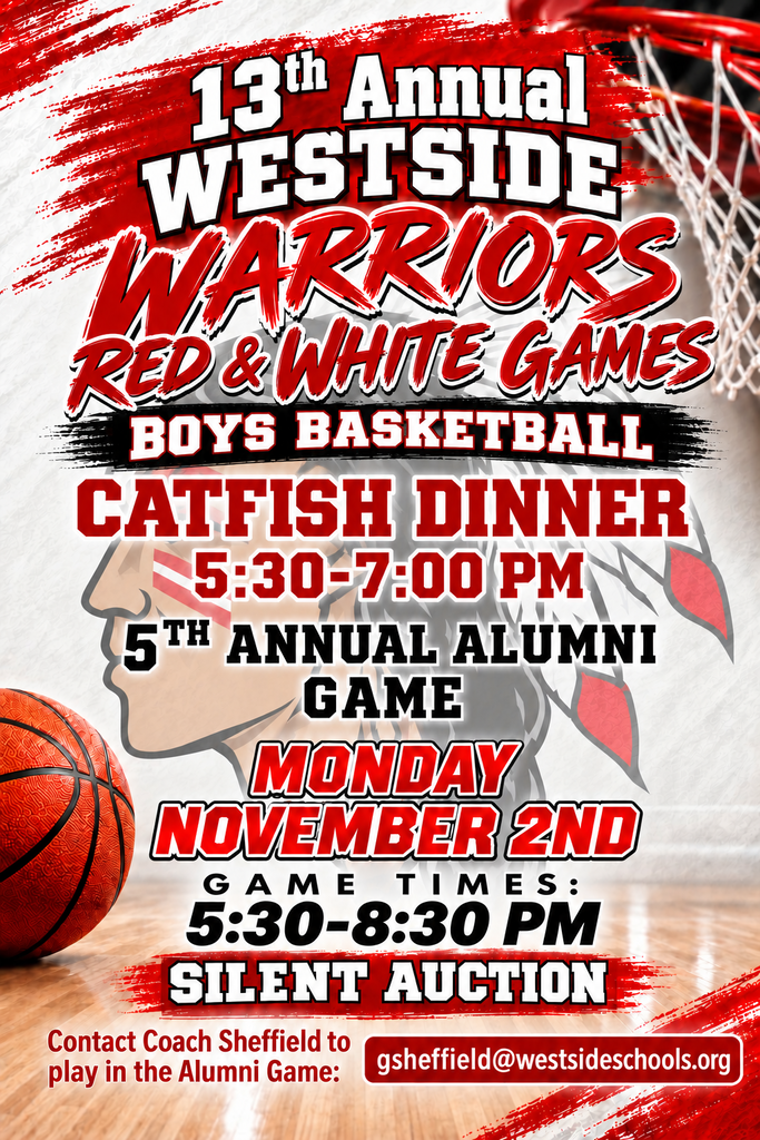 🏀❤️🤍 It’s almost Red & White time, Warrior Nation! The 13th Annual Westside Warriors Red & White Games are coming up, along with the 5th Annual Alumni Game and Catfish Dinner! Check out the flyer below for all the details. And don’t just come out — WEAR YOUR RED! ❤️ Red & White T-shirts and polos are available to order now, so grab yours and show your Warrior pride! 📣 T-shirt and polo orders are due October 13! Order forms and payment may be returned to your elementary teacher or to the middle/high school office. Get your red ready, Warriors! ❤️🤍🏀