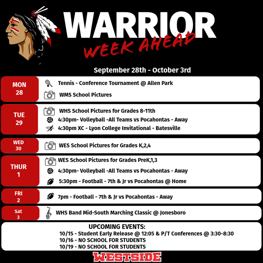 Warrior Week Ahead - September 28th - October 3rd Come out and support our Warriors!