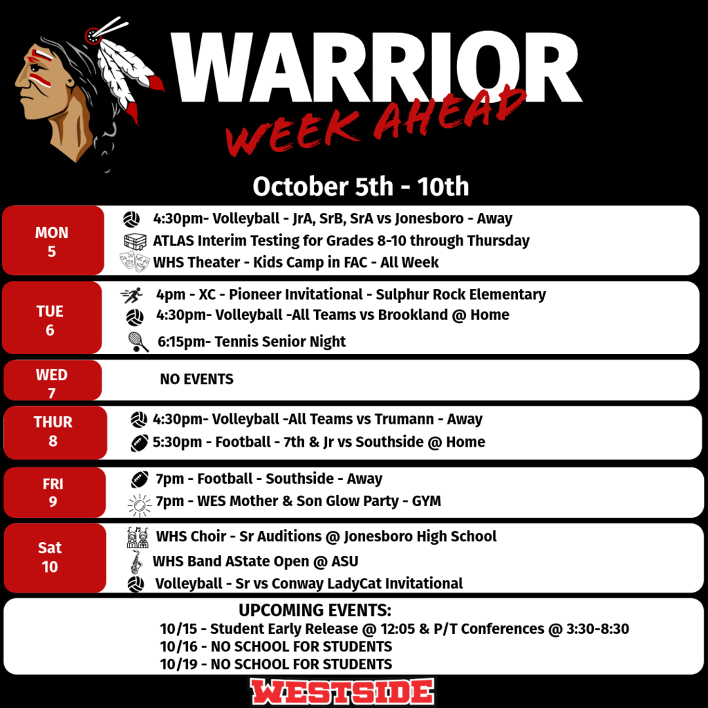 ❤️🤍 It’s a busy Warrior Week Ahead! There’s lots happening across the district October 5–10, so be sure to check out this week’s schedule and come support our Warriors! 🏹❤️🤍