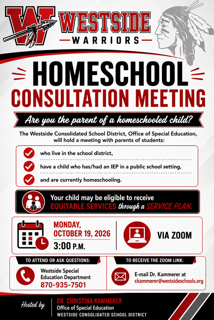 Homeschool families in our district—please see the information below regarding an upcoming Homeschool Consultation Meeting hosted by the Westside Office of Special Education. ❤️🤍