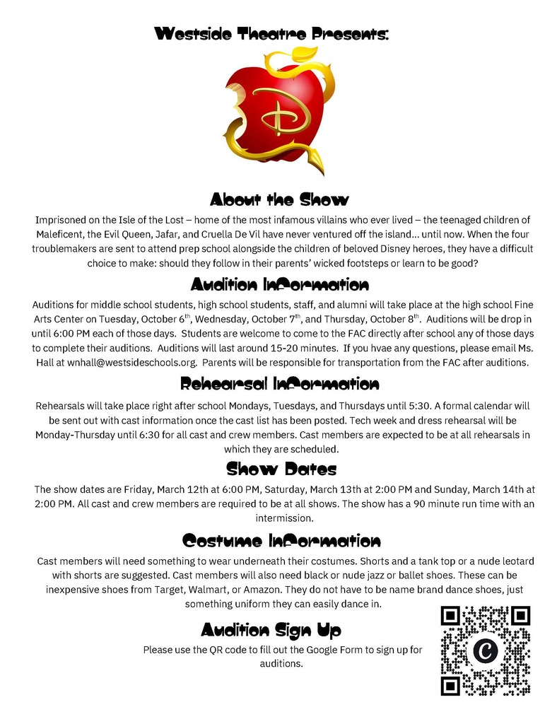 Ready to take the stage? Westside Theatre is calling on middle school and high school students, staff, and alumni to audition for Disney’s Descendants: The Musical! Check out the flyers for all the details and scan the QR code to sign up for your audition!