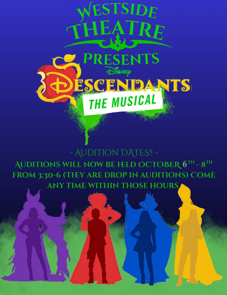 Ready to take the stage? Westside Theatre is calling on middle school and high school students, staff, and alumni to audition for Disney’s Descendants: The Musical! Check out the flyers for all the details and scan the QR code to sign up for your audition!